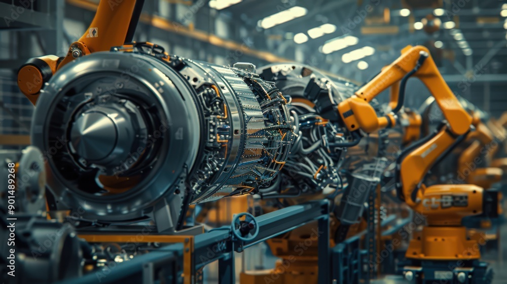 Showcase the role of robots in a factory producing aerospace components, emphasizing the precision and reliability required in aerospace manufacturing. Showcase the role of robots in a factory producing aerospace components, emphasizing the precision and reliability required in aerospace manufacturing.
