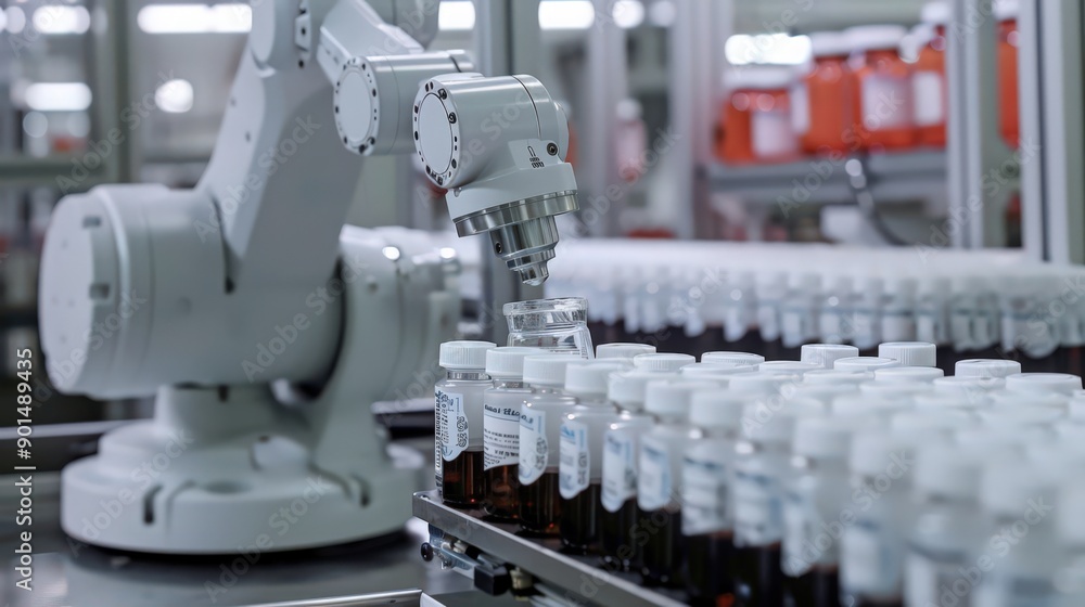 Showcase the seamless operation of robots in a pharmaceutical factory, highlighting their role in ensuring precision and hygiene in drug manufacturing. Showcase the seamless operation of robots in a pharmaceutical factory, highlighting their role in ensuring precision and hygiene in drug manufacturing.