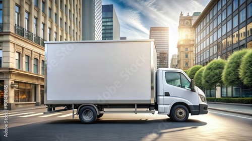 Empty blank white mockup on the small truck vehicle driving through the city street, template for advertisement. Commercial business transport delivery cargo, side view 