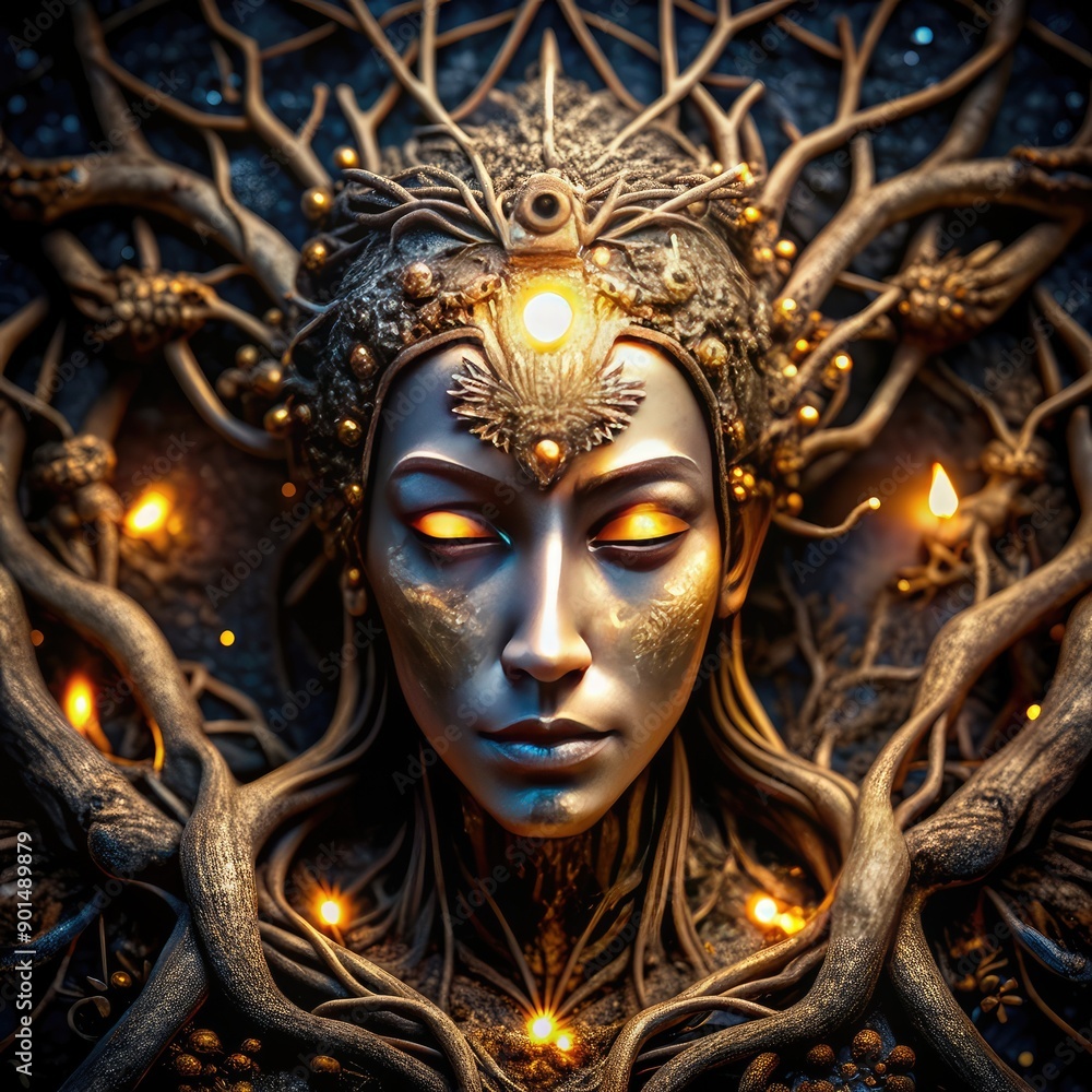 Beautiful women face with golden ornaments on a dark background Beautiful women face with golden ornaments on a dark background