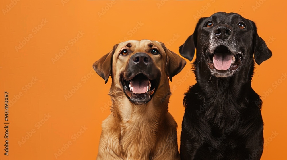 Two Dogs Smiling Against a Bright Orange Background Two Dogs Smiling Against a Bright Orange Background