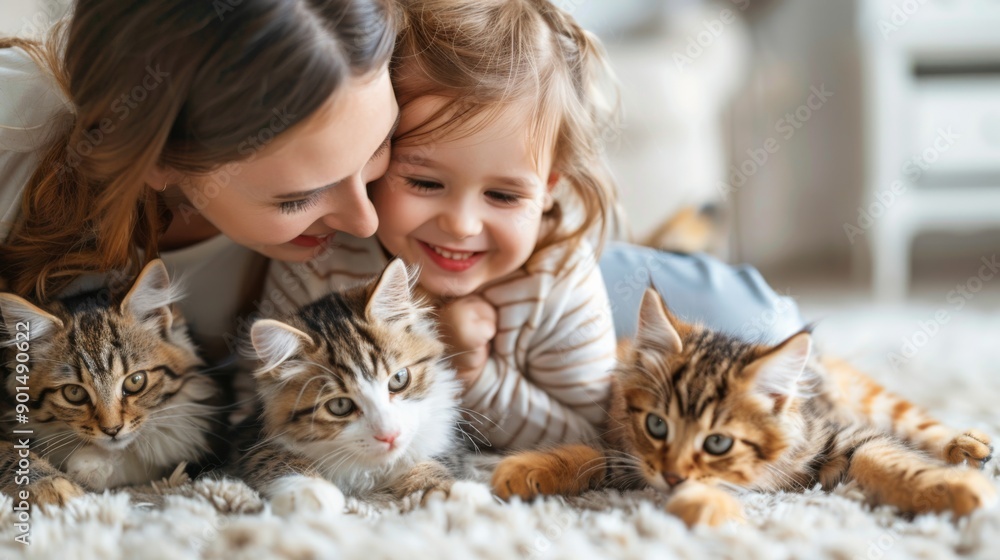 Mother and child with kittens Mother and child with kittens