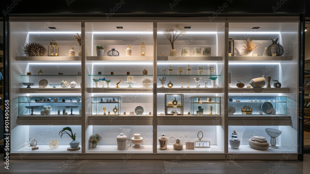 Decorative Items Display in Illuminated Shelves Decorative Items Display in Illuminated Shelves