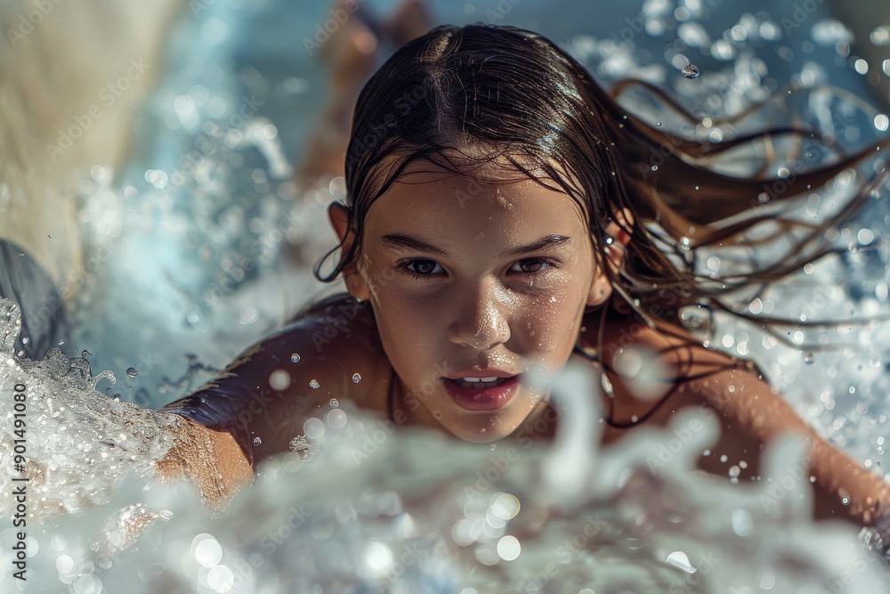 Obraz premium A young child is captured mid-action on a water slide, with water splashing around them, showing excitement and fun in an outdoor aquatic setting.
