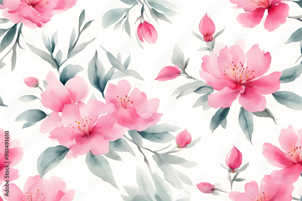 Watercolor Chinese pink flowers on white background, AI Generated Watercolor Chinese pink flowers on white background, AI Generated