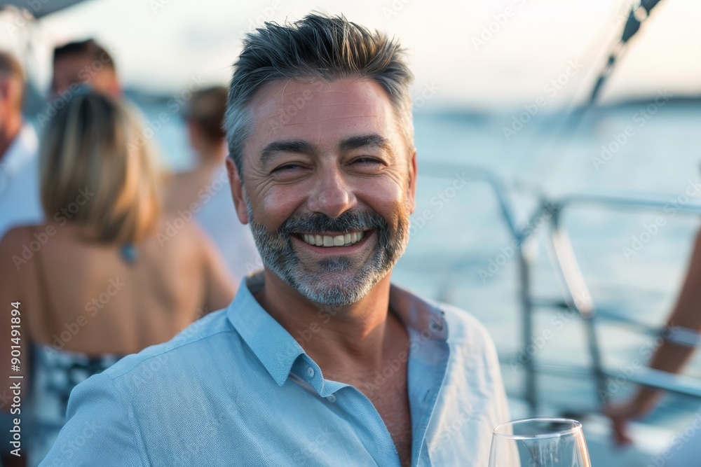 A man with gray hair and a beard smiles while holding a drink at a sunset gathering, creating a cheerful and relaxed atmosphere. A man with gray hair and a beard smiles while holding a drink at a sunset gathering, creating a cheerful and relaxed atmosphere.