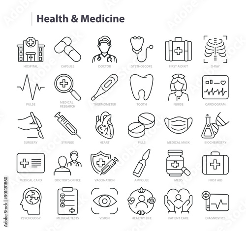 Health and Medicine Line Vector Icon Collection. A set of outline icons related to Medical, Stethoscope, Pill, Doctor, Operation, Diagnostic, Vaccination and more. Editable stroke. Vector illustration
