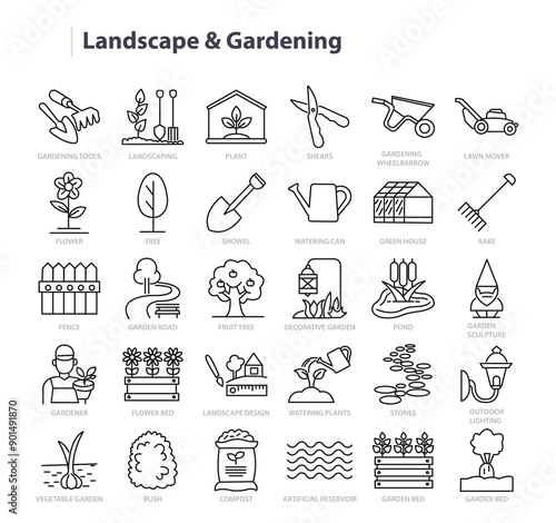 Gardening and Landscape Line Vector Icon Collection. A set of outline icons related to Garden tools, Flower, Tree, Greenhouse, Landscaping, Rake, Bush and more. Editable stroke. Vector illustration