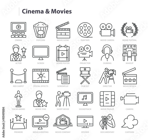 Movies and Cinema Line Vector Icon Collection. A set of outline icons related to Movie, Video, Camera, Popcorn, Poster, Soundtrack, Festival, Screen and more. Editable stroke. Vector illustration