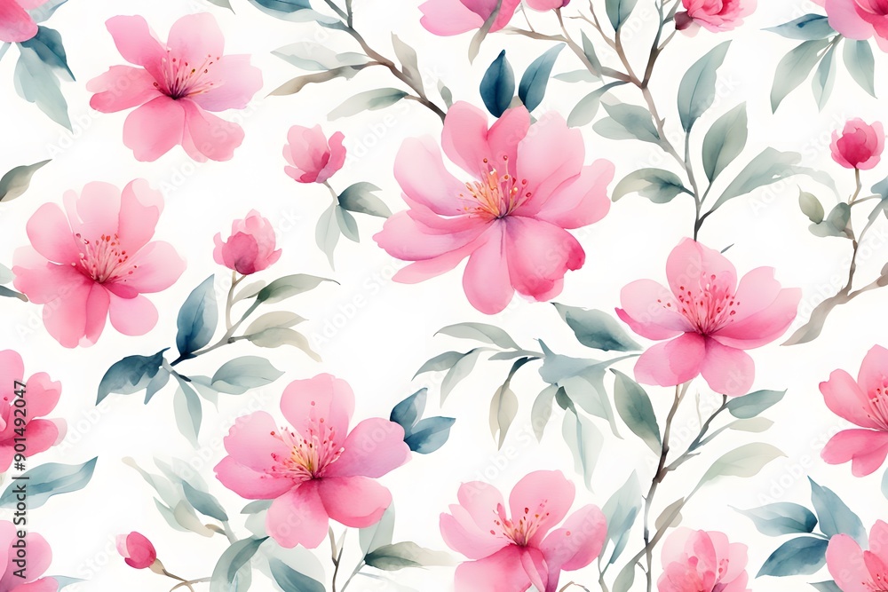 Watercolor Chinese pink flowers on white background, AI Generated Watercolor Chinese pink flowers on white background, AI Generated