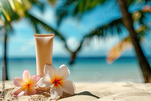 Summer Beach Essentials: Sunscreen and Flower photo