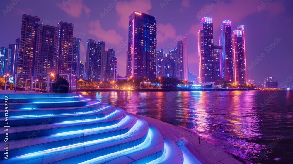 Fototapeta premium Futuristic Urban Waterfront at Night