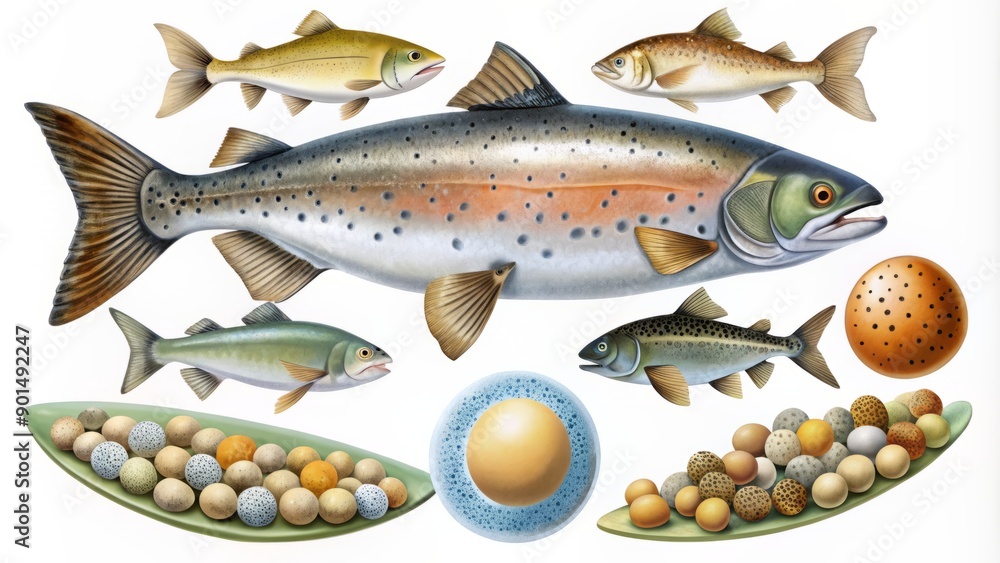 Illustrated lifecycle of Salmon Salmo salar, depicting egg, alevin, fry ...