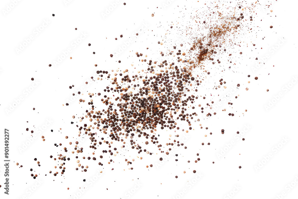 scattered black ground pepper, spice flying isolated on transparent background