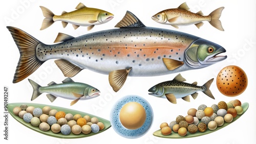 Illustrated lifecycle of Salmon Salmo salar, depicting egg, alevin, fry, smolt, and adult stages, showcasing freshwater to ocean migration and return for spawning. photo