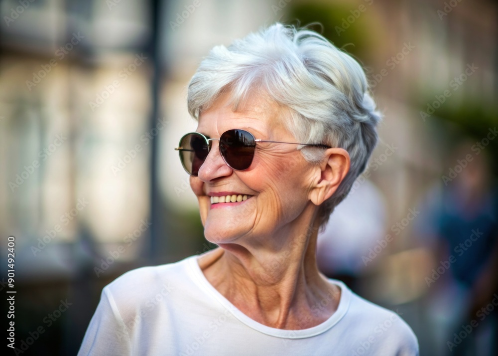 An elderly European woman in sunglasses, with short gray hair, a smile with white teeth, in a blank white t-shirt with her head turned in profile to the camera stands on a blurred background. An elderly European woman in sunglasses, with short gray hair, a smile with white teeth, in a blank white t-shirt with her head turned in profile to the camera stands on a blurred background.