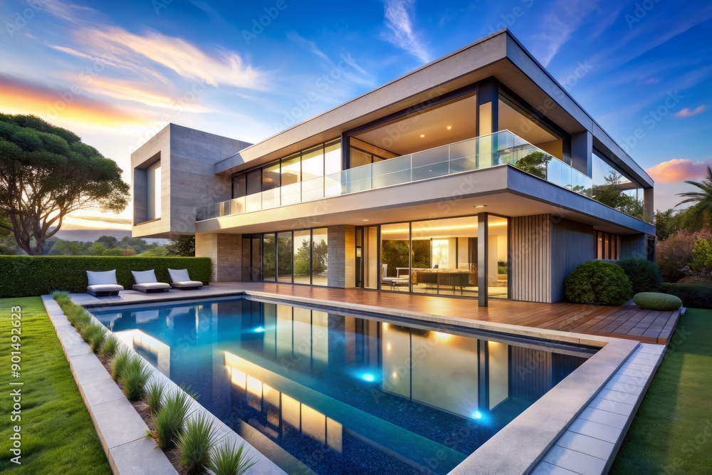 Fototapeta premium Serene modern luxury house with sleek lines, expansive windows, and infinity pool blends seamlessly into lush green surroundings under a vibrant blue sky.