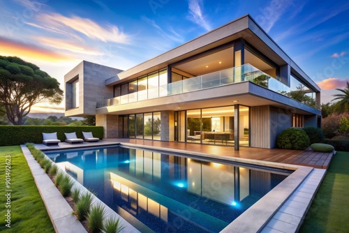 Serene modern luxury house with sleek lines, expansive windows, and infinity pool blends seamlessly into lush green surroundings under a vibrant blue sky.
