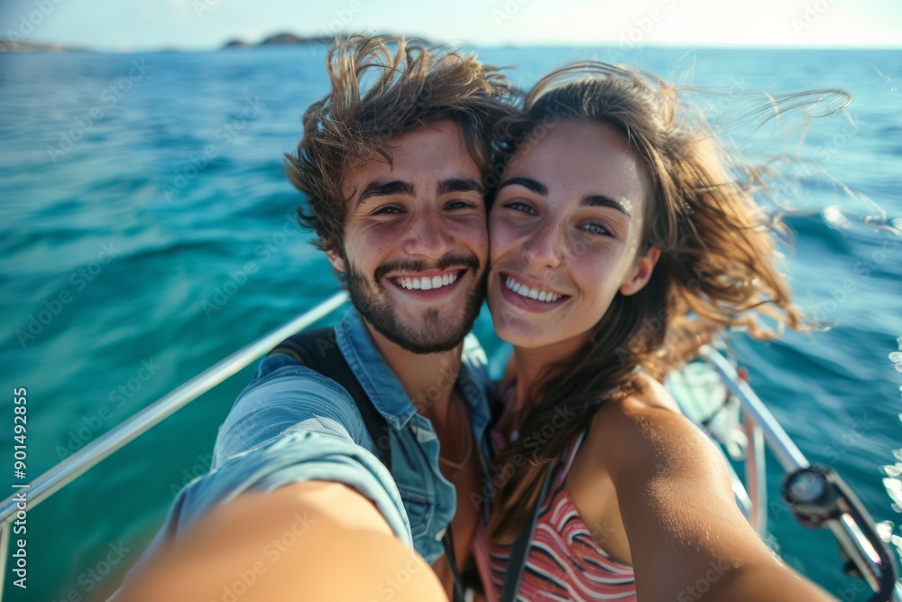 An exuberant couple captures a selfie on a boat amidst the windy ocean, conveying the thrill, joy, and love of their shared nautical adventure on a sunny day. An exuberant couple captures a selfie on a boat amidst the windy ocean, conveying the thrill, joy, and love of their shared nautical adventure on a sunny day.
