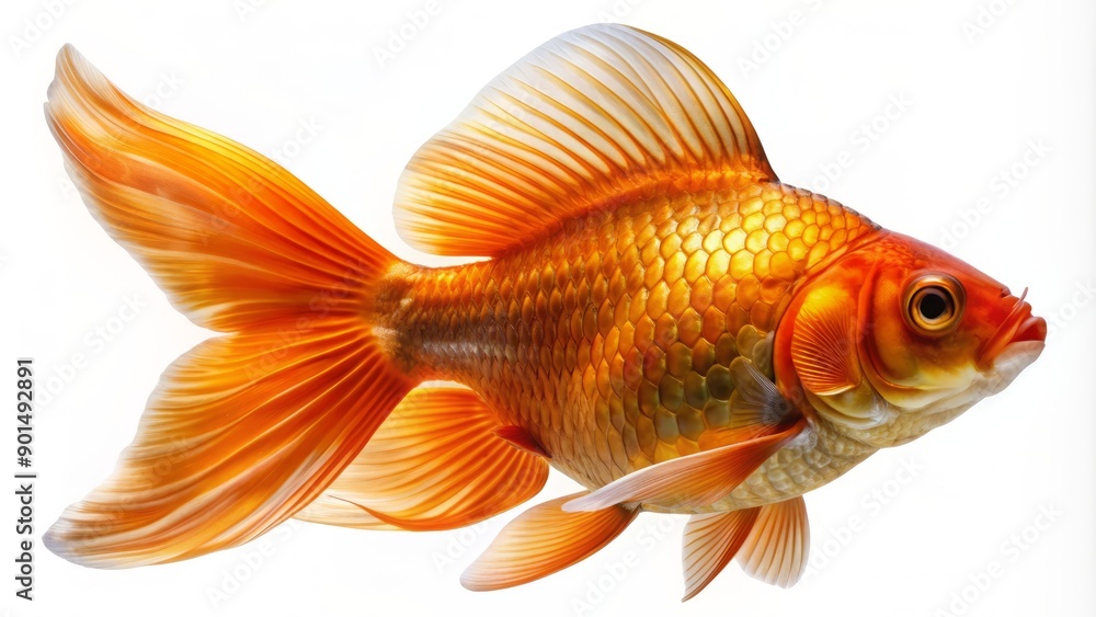 Vibrant orange goldfish with flowing fins and shimmering scales swims alone in front of a transparent background, showcasing its majestic beauty in stunning detail. Vibrant orange goldfish with flowing fins and shimmering scales swims alone in front of a transparent background, showcasing its majestic beauty in stunning detail.
