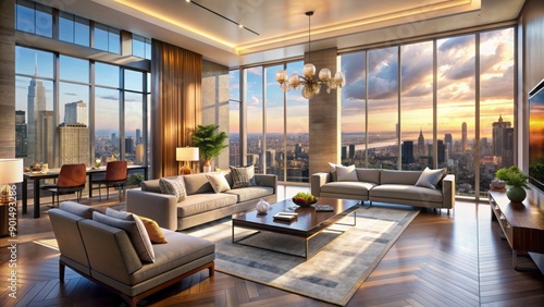 Concept art illustration of luxury penthouse living room interior in New York city, Generative AI © DigitalArt Max