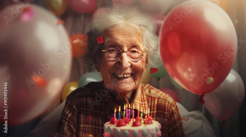 An elderly woman, surrounded by colorful balloons, joyfully celebrates her birthday, smiling broadly behind a cake with lit candles, capturing a moment of pure happiness and festivity. photo