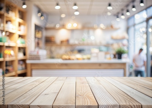 White wooden tabletop background with an empty wood counter surface and blur store/cafe display mockup template.