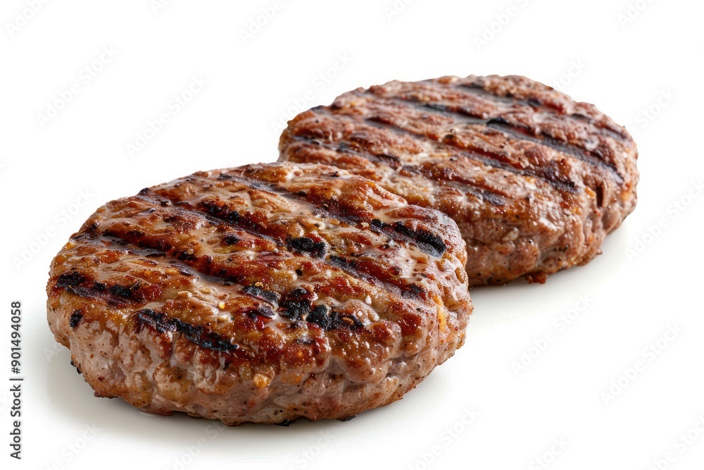 two grilled beef burger patties isolated on white background, barbecued meat with grill marks two grilled beef burger patties isolated on white background, barbecued meat with grill marks