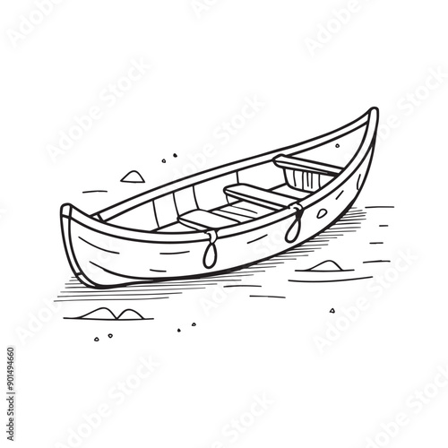 Simple drawing of a canoe by the water beach