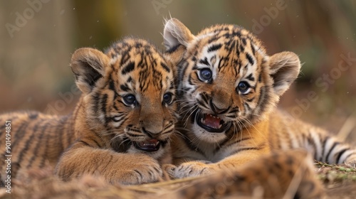 Photo of a lion cub which bites a tiger cub in the neck photo