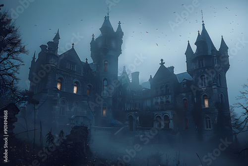 Spooky old gothic castle, foggy night, haunted mansion