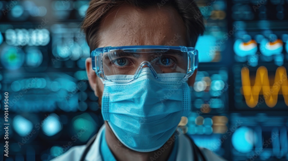 A doctor in a mask, medical statistics in the background. A doctor in a mask, medical statistics in the background.