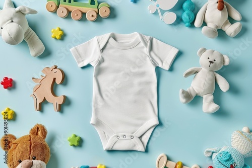 White Baby Onesie Surrounded by Toys photo
