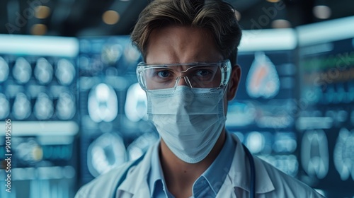 A doctor in a mask, medical statistics in the background.