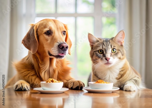 Adorable dog and cat duo share a meal together, exemplifying heartfelt companionship and domestic bliss in a serene, natural lit, intimate home setting. photo