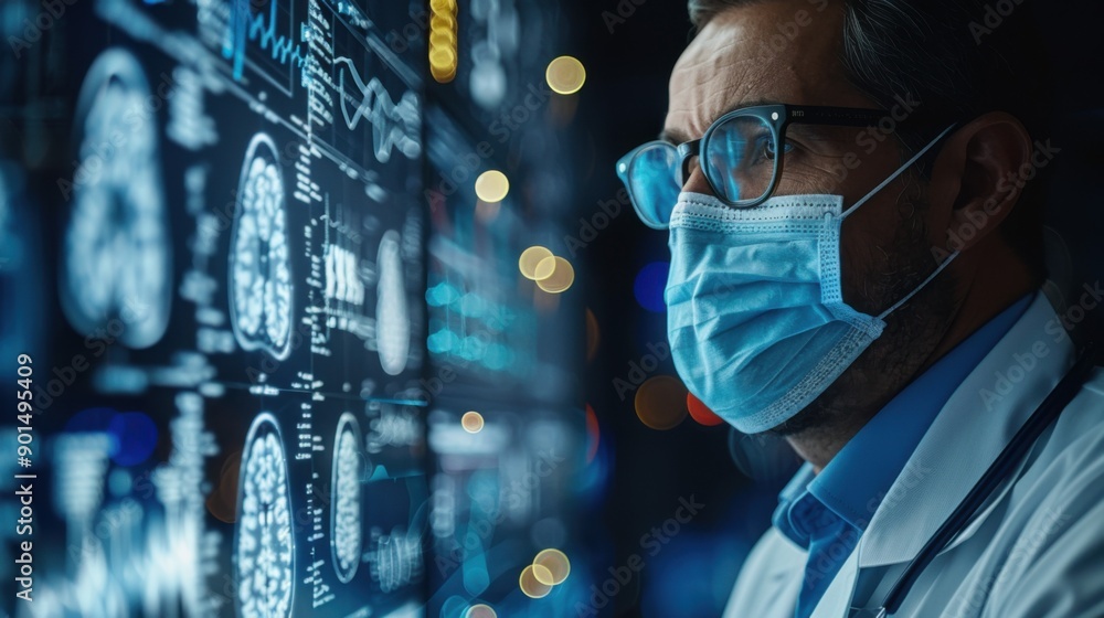 A doctor in a mask, medical statistics in the background. A doctor in a mask, medical statistics in the background.