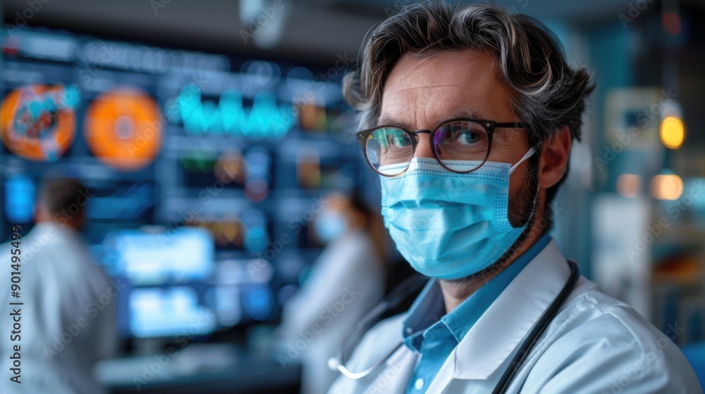 A doctor in a mask, medical statistics in the background. A doctor in a mask, medical statistics in the background.