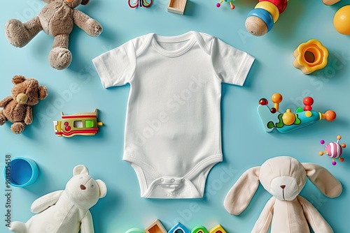 Flat Lay of Baby Onesie and Toys on Blue Background photo