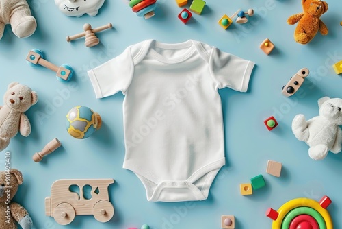 Flat Lay of Baby Onesie and Toys on Blue Background photo