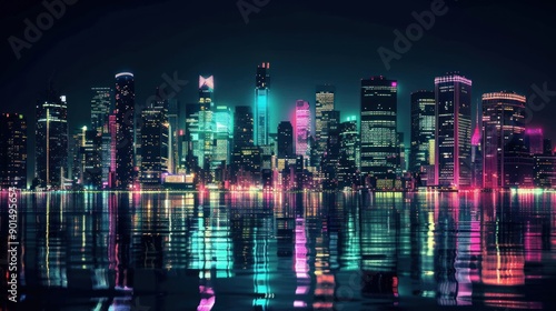 Wallpaper Mural Neon Cityscape Reflecting on Water Torontodigital.ca