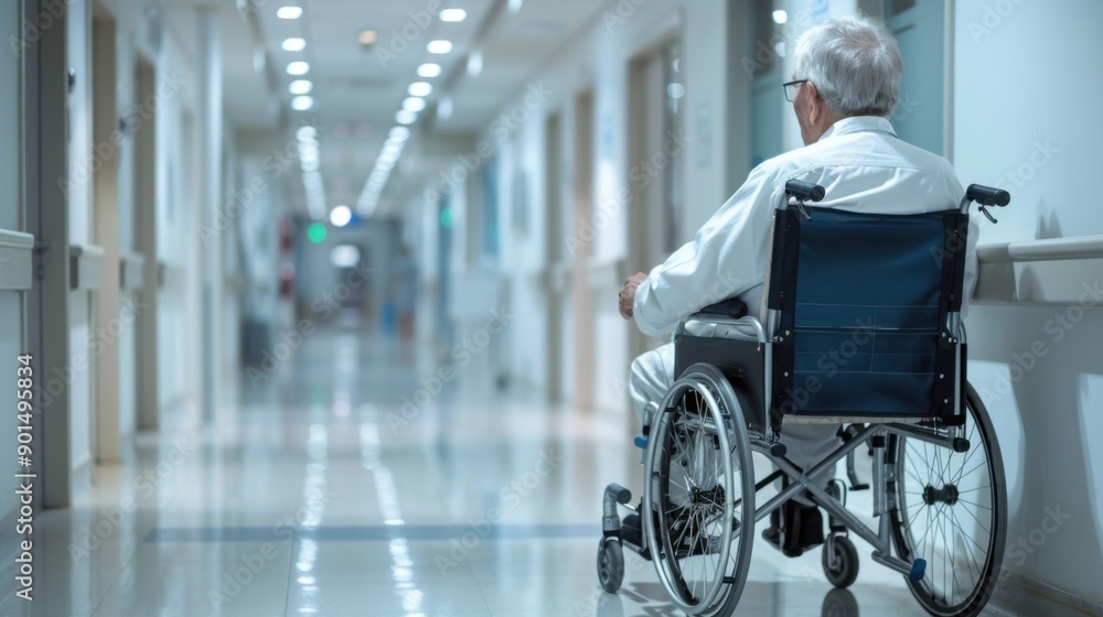 an old patient in a wheelchair in a hospital corridor an old patient in a wheelchair in a hospital corridor