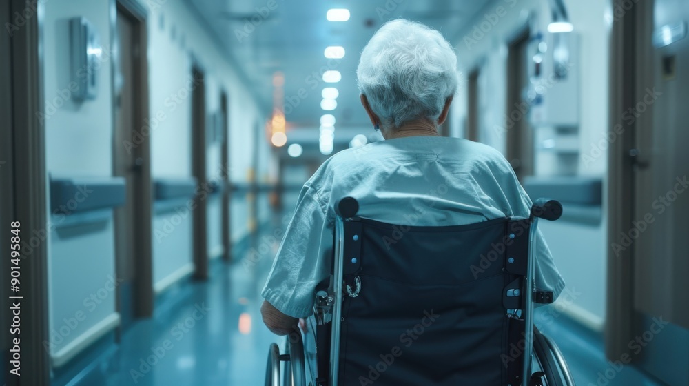 an old patient in a wheelchair in a hospital corridor an old patient in a wheelchair in a hospital corridor