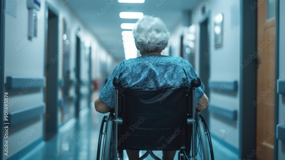an old patient in a wheelchair in a hospital corridor an old patient in a wheelchair in a hospital corridor