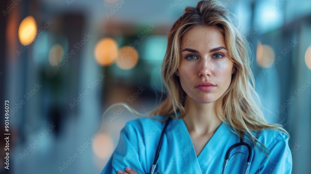 image of a tired female doctor in a medical uniform. image of a tired female doctor in a medical uniform.