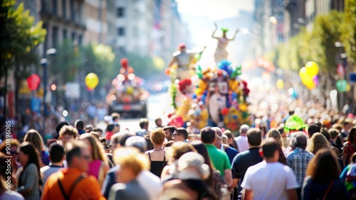 Wallpaper Mural Crowd at Street Parade - A bustling crowd at a street parade with floats and decorations in a soft, blurred background.
 Torontodigital.ca