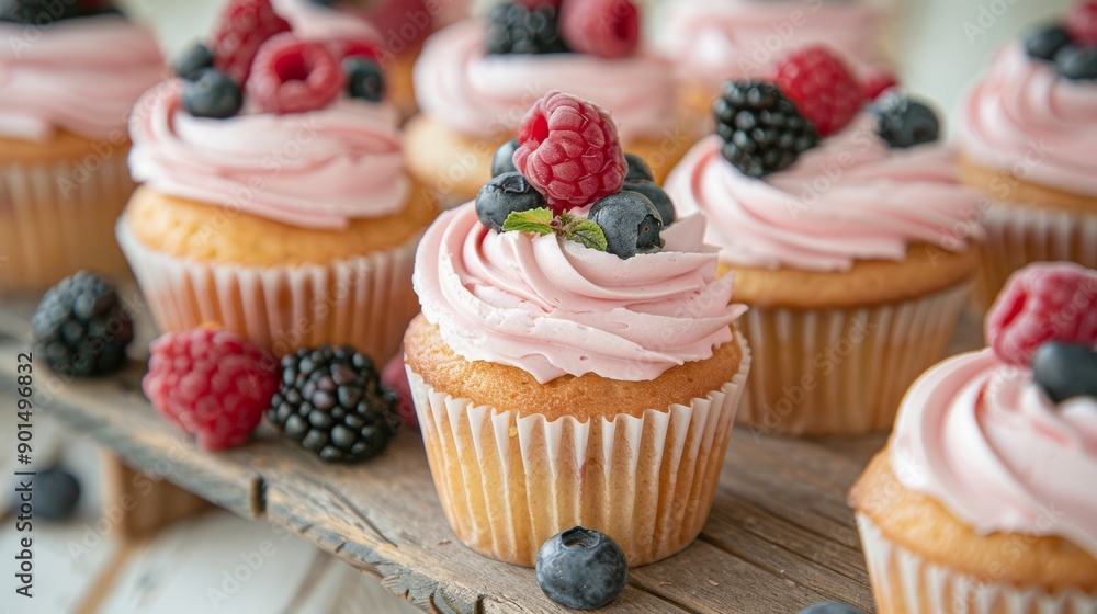 A selection of freshly baked cupcakes with pink frosting and berry toppings, set on a wooden table in a bakery A selection of freshly baked cupcakes with pink frosting and berry toppings, set on a wooden table in a bakery