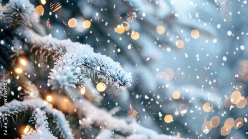 Snowy Pine Branch with Festive Lights Snowy Pine Branch with Festive Lights