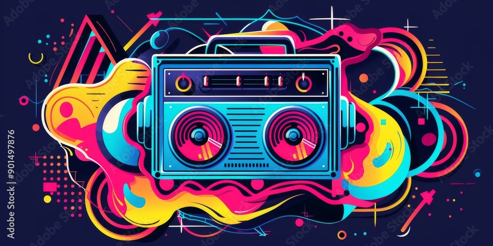 Vibrant Boombox Art in a Fluid Neon Composition Vibrant Boombox Art in a Fluid Neon Composition