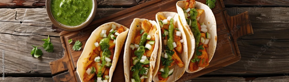 Delicious tacos served on a wooden platter, garnished with fresh herbs and accompanied by a green sauce. Delicious tacos served on a wooden platter, garnished with fresh herbs and accompanied by a green sauce.