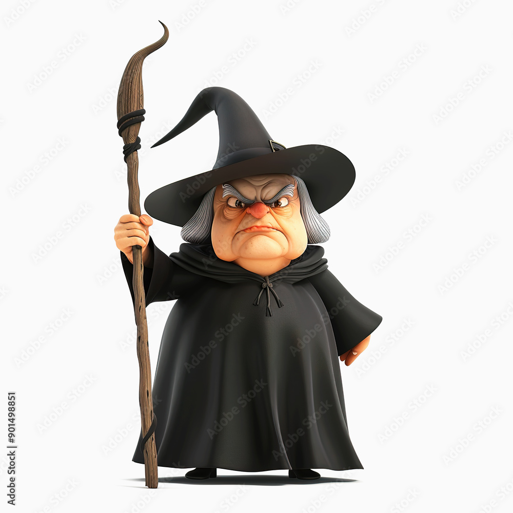 Obraz premium An Angry Cartoon Witch Holding a Curved Wooden Staff